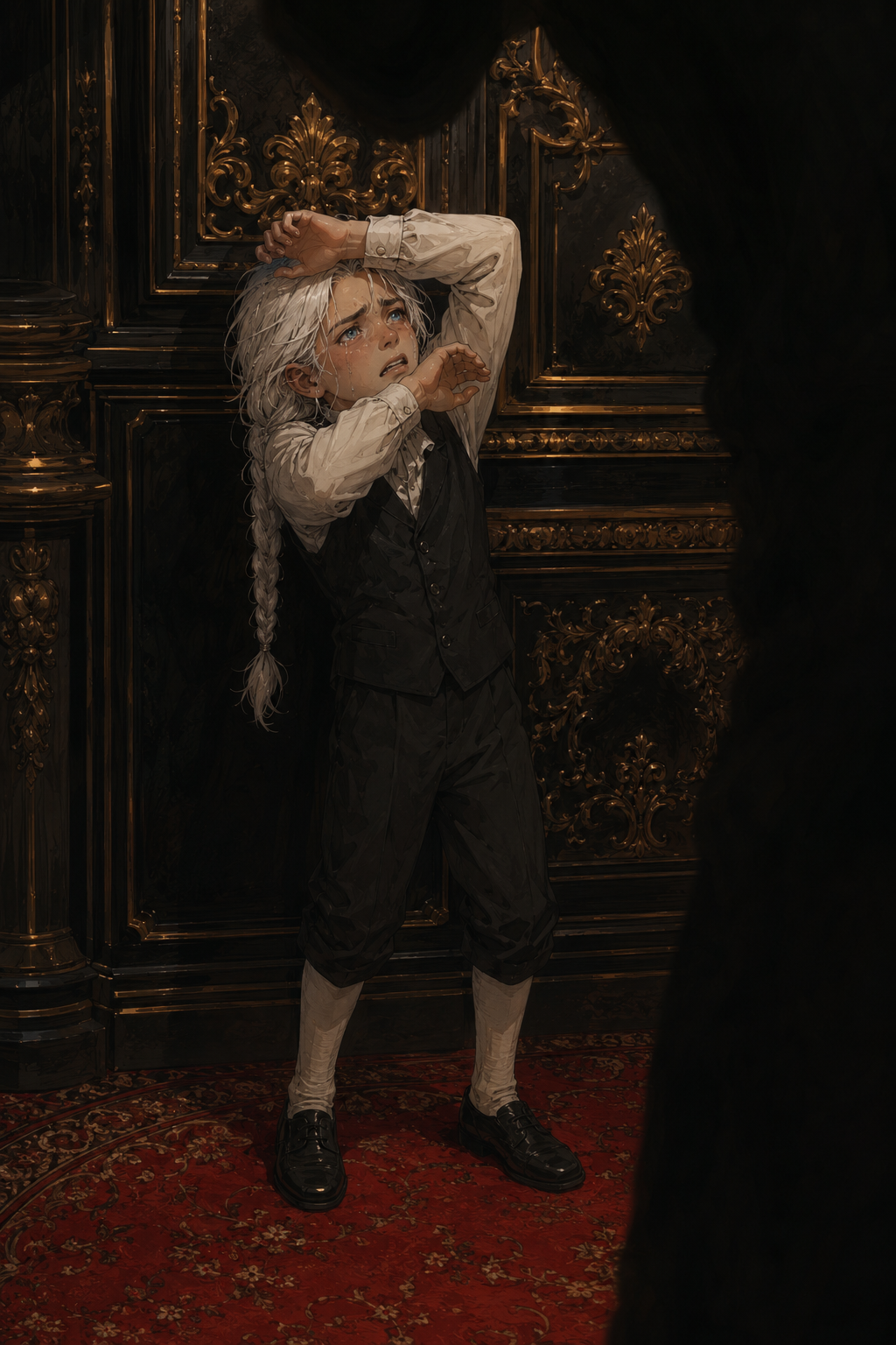 Young Landon shielding himself from a shadowed older figure.
