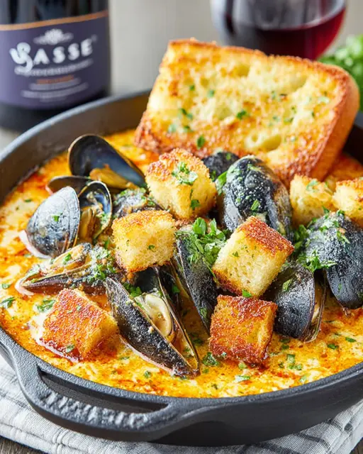 Creamy Saffron Mussel Bisque with Crispy Garlic Croutons