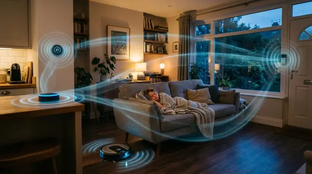Modern living room filled with glowing smart devices and faint wireless signals, contemplative mood