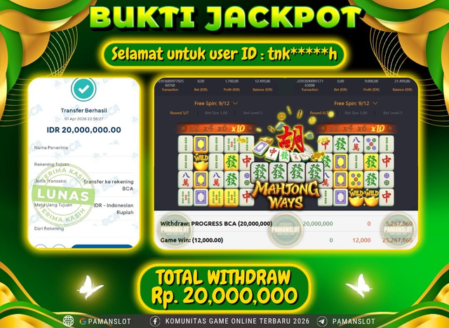 Selamat kepada Member PAMANSLOT Game Mahjong Ways : TNK*****H