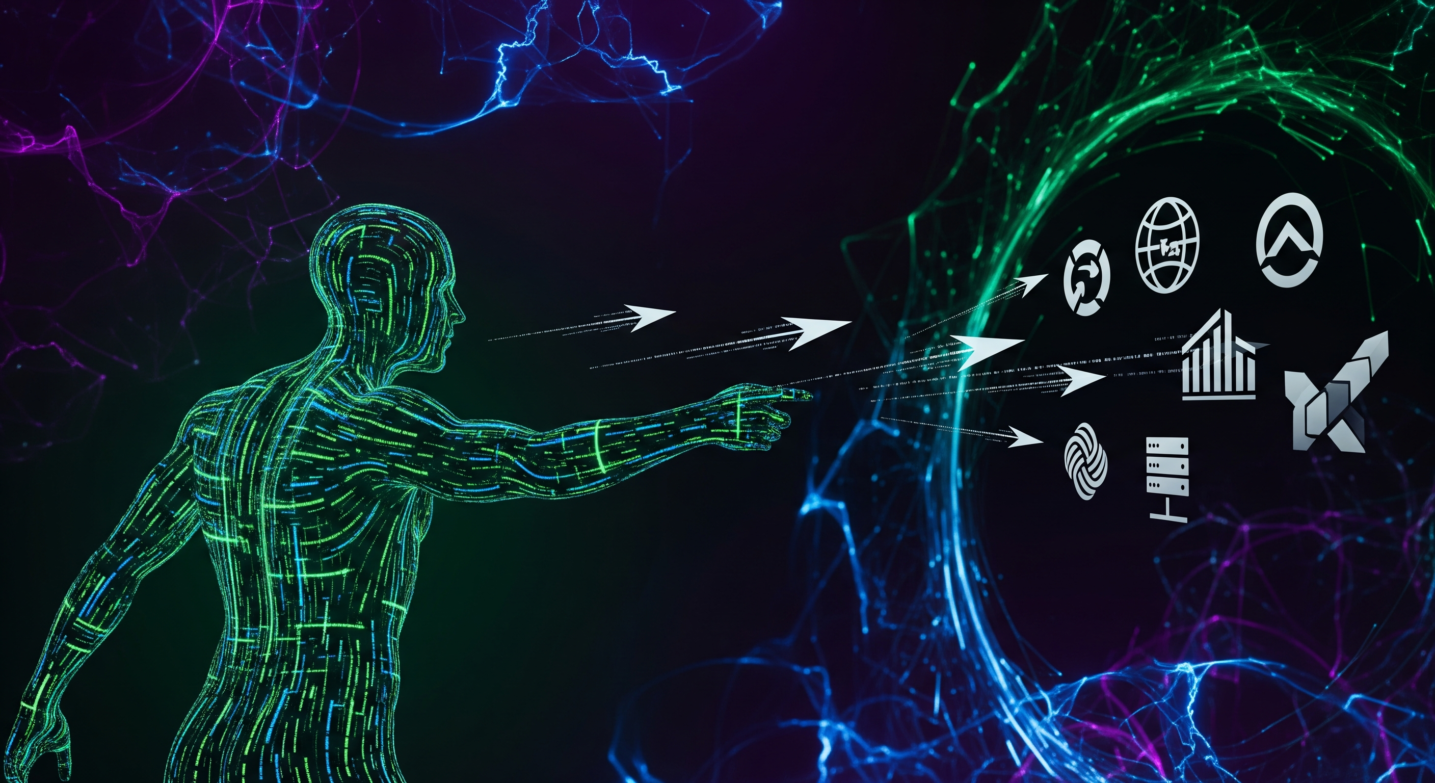 Dramatic data visualization: a humanoid silhouette composed of code lines launching spear-phishing arrows at corporate icons, swirling generative AI patterns in background, high contrast, editorial style.