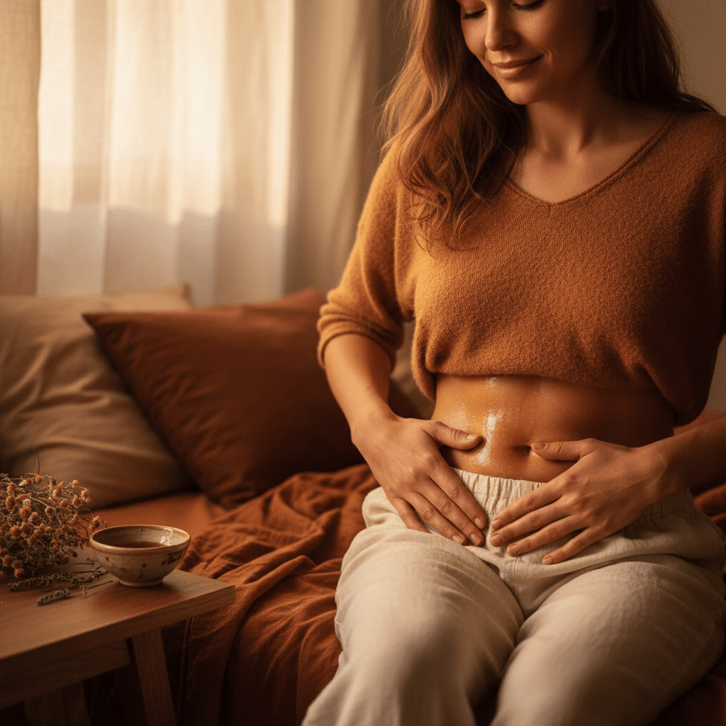 Gentle lower belly massage with herbal oil for calming self-care