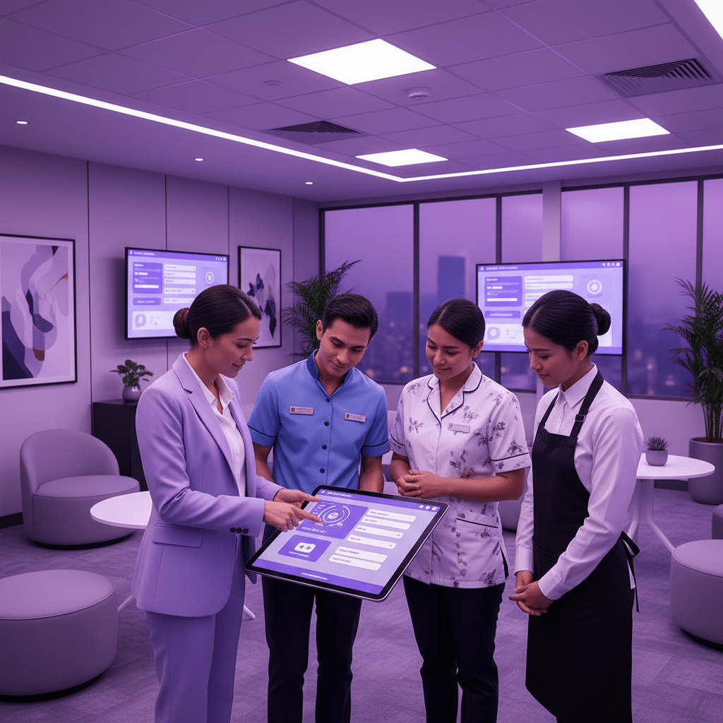 Hotel team training on payroll software with a manager guiding staff around a tablet