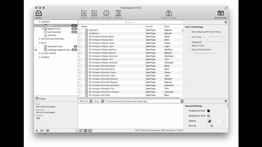 FontExplorer X Pro for Mac — font library showing sets, previews and activation controls