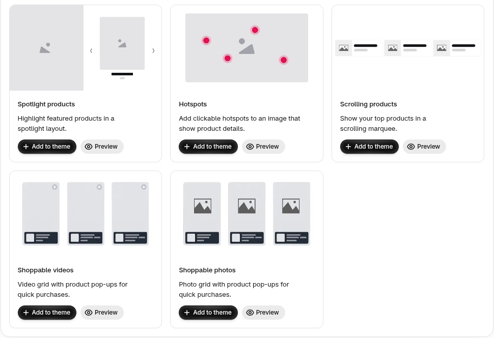 Hura theme sections: Spotlight products, Hotspots, Scrolling products, Shoppable videos, Shoppable photos