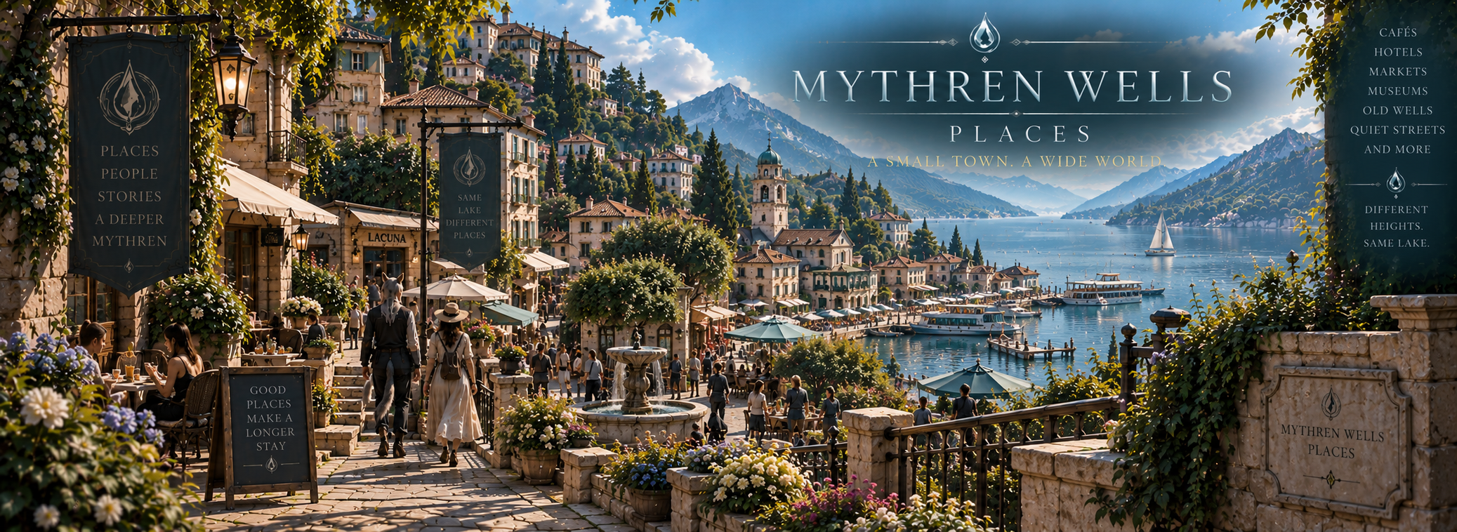 Shops, cafés, inns, docks and local landmarks throughout Mythren Wells.
