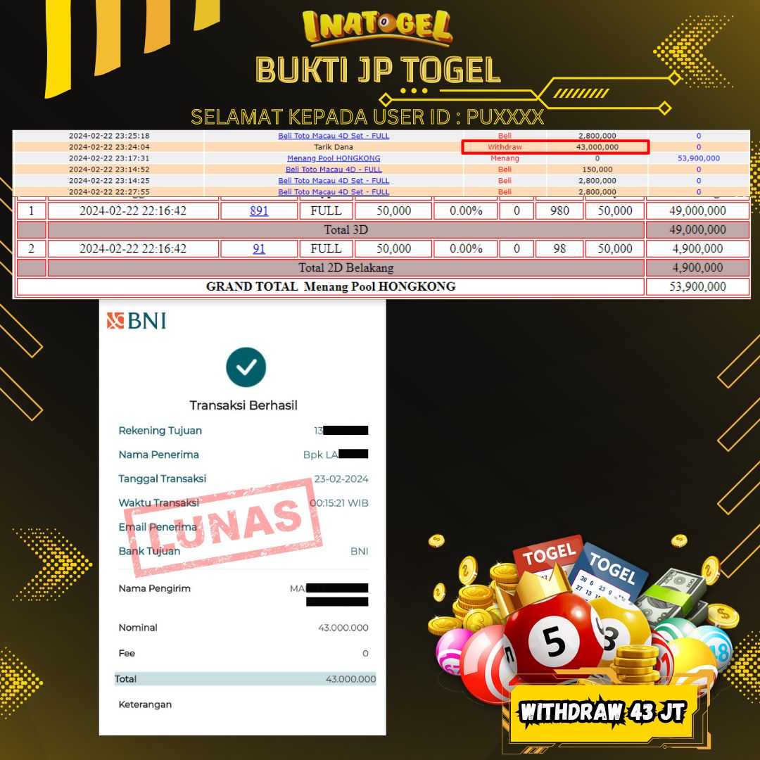 BUKTI PEMBAYARAN TOGEL HONGKONG Rp43,000,000,- LUNAS