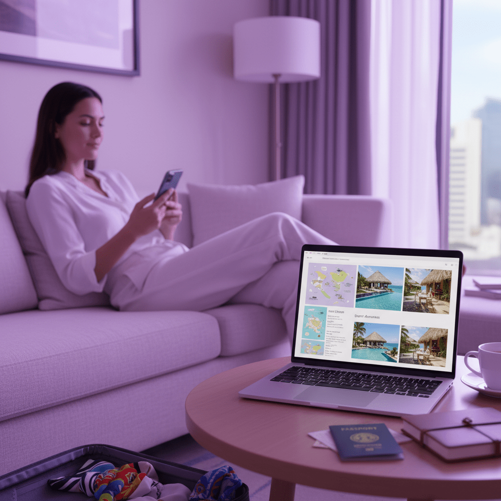 A traveler browsing hotel inspiration on a phone and laptop