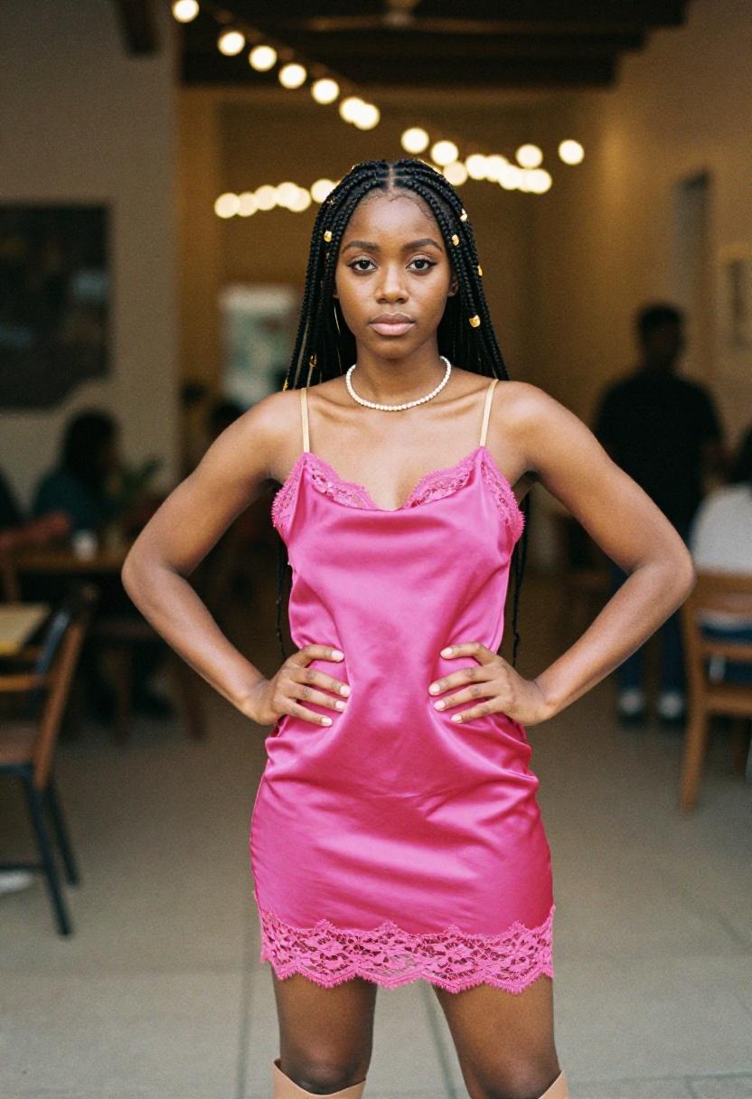 Fuchsia satin slip dress with lace hem for a bold romantic promposal moment