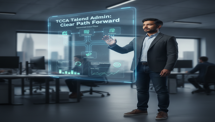 TCCA Talend Admin: Clear Path Forward A confident professional interacting with a holographic display showing a clear, optimized Qlik Talend Cloud architecture and a strategic study plan for the TCCA Talend Cloud Administrator exam, conveying readiness and successful preparation.