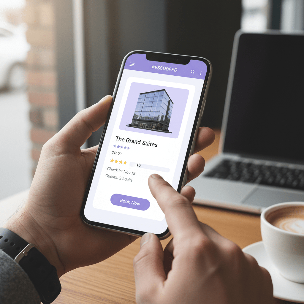 Responsive hotel booking page on a smartphone, thumb tapping Book Now with clean mobile-first layout and soft lavender branding