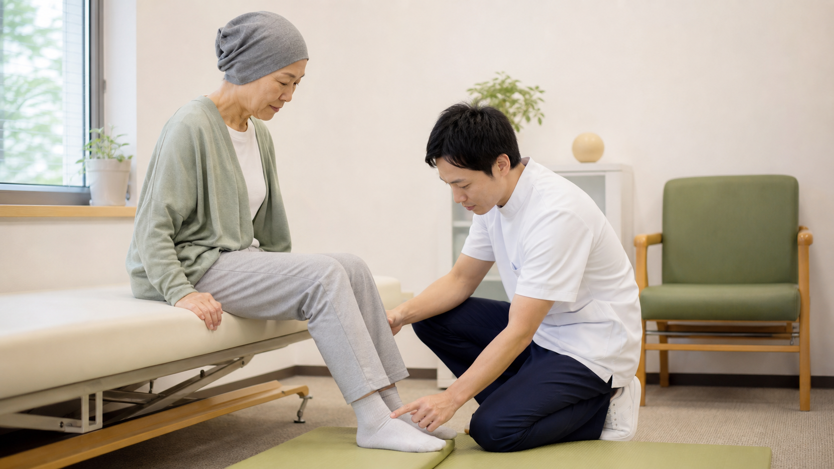専門職が下肢の感覚と足の位置を安全に確認する場面