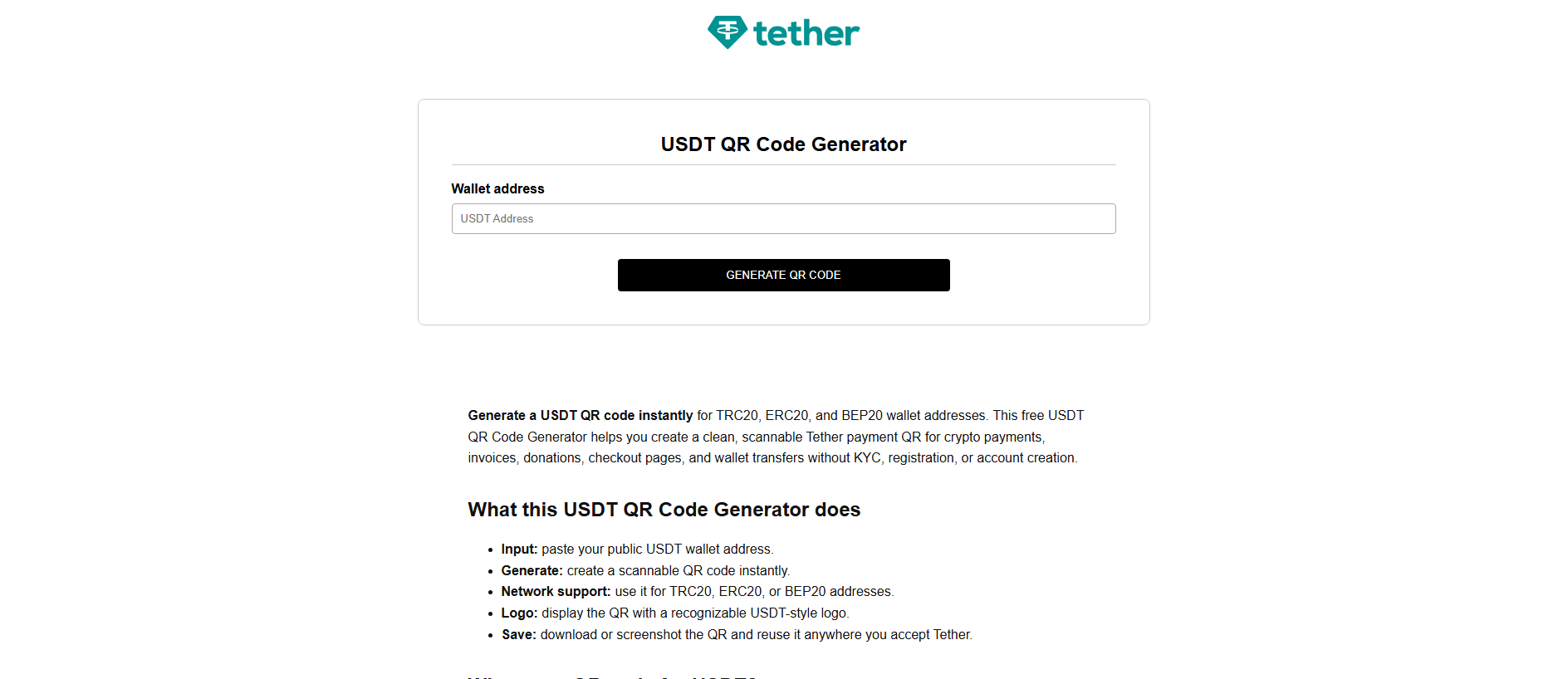 Screenshot of usdt-qr-code-generator.com