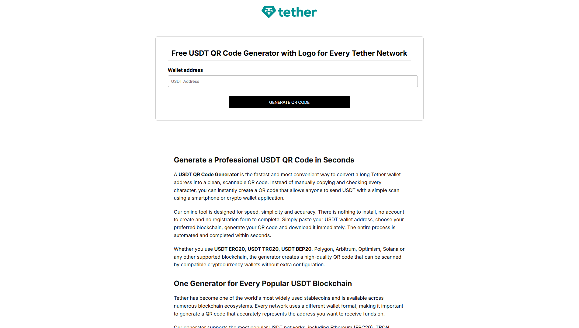 Forensic screenshot of usdt-qrcodegenerator.com showing the phishing page layout
