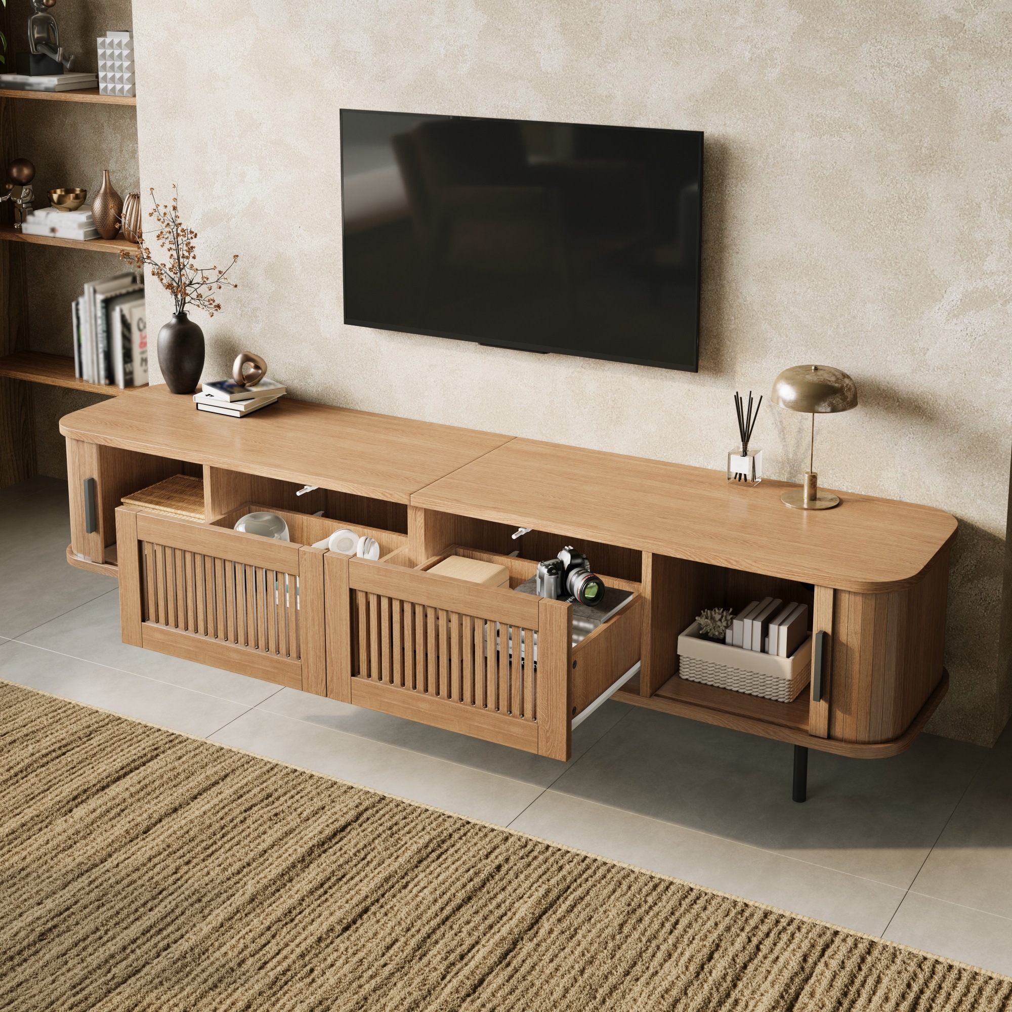 Meuble TV Naturel, 2 Tiroirs, Rangement, Éclairage LED, Gestion des Câbles, Portes Coulissantes - 180x40x44.5cm - Salon 5