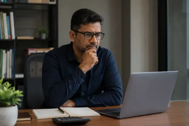 Indian business owner carefully evaluating AI automation tools before committing, emphasizing thoughtful decision-making