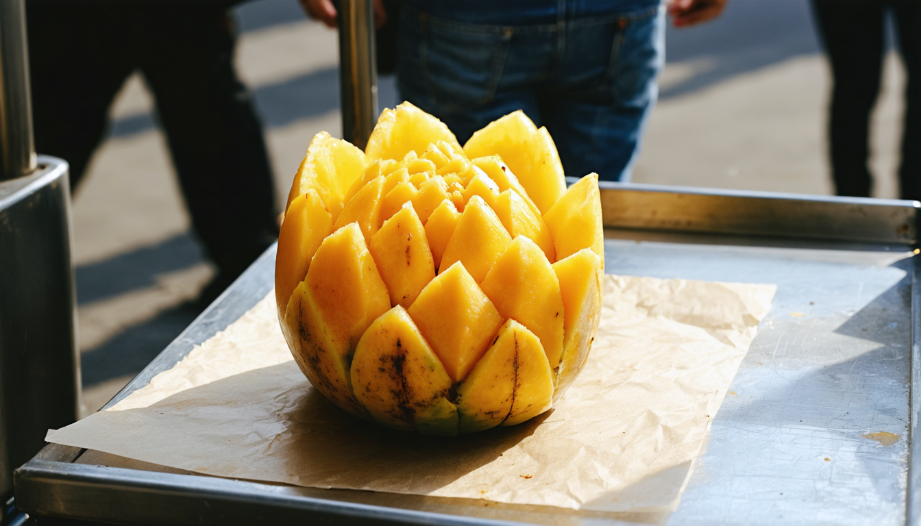 A single mango carved into the shape of a flower resting on wax paper on a metal street-food cart, with blurred pedestrians passing behind it on a busy urban sidewalk.