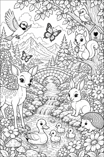 Printable Woodland Stream Friends colouring page for kids