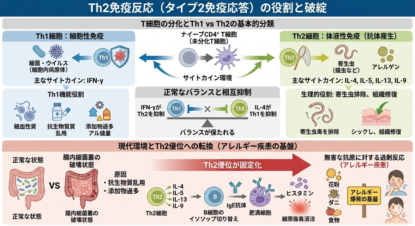 Th2免疫反応(タイプ2免疫応答)は、ヘルパーT細胞のサブセットであるTh2細胞を中心に展開される免疫反応です。