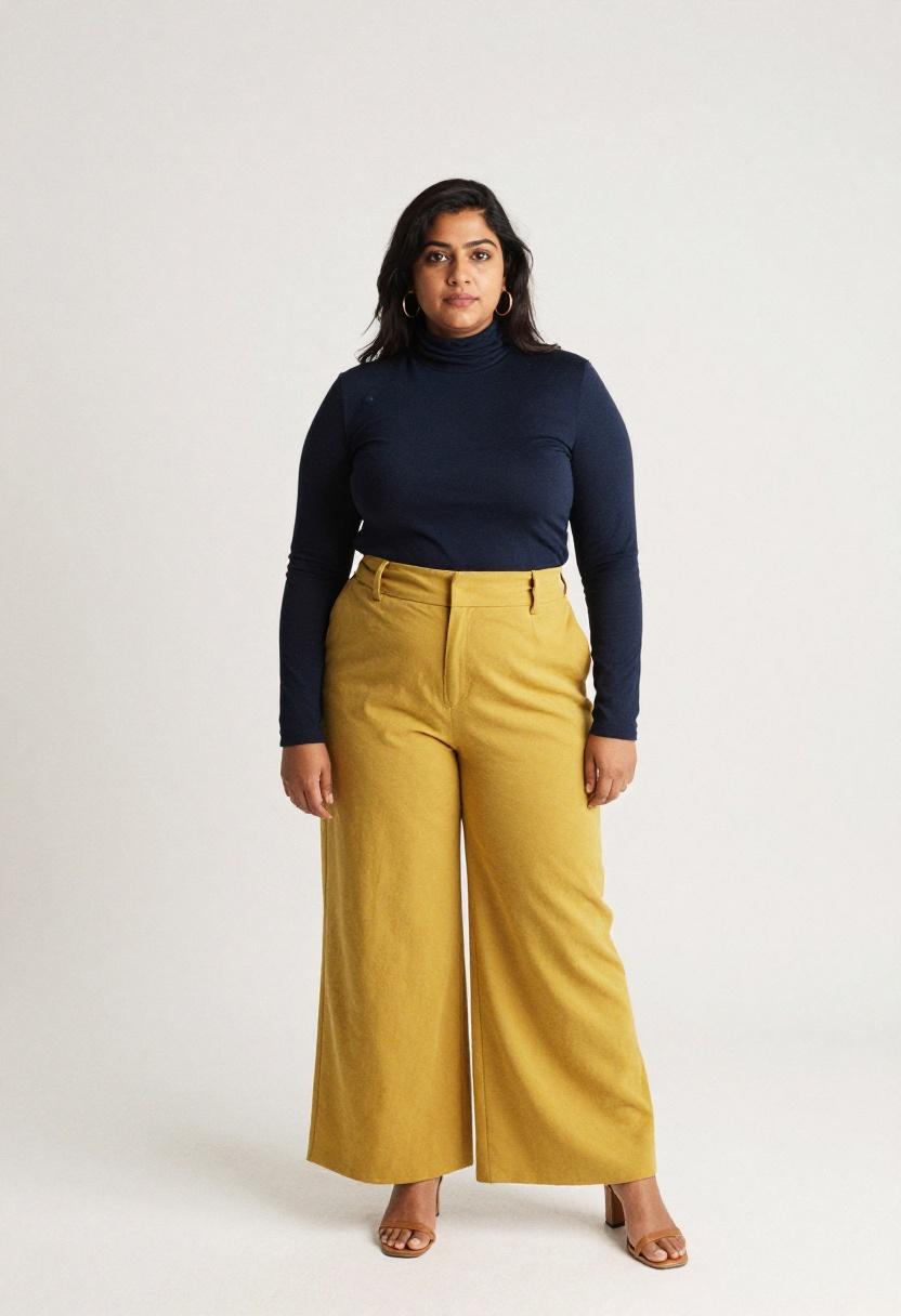 Mustard yellow wide-leg trousers with navy turtleneck for minimalist bold office look