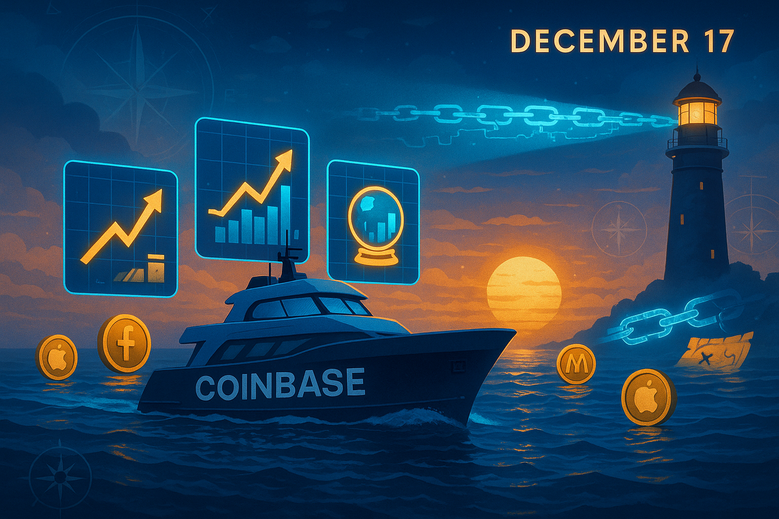 Illustration of Coinbase expanding into prediction markets and tokenized stocks