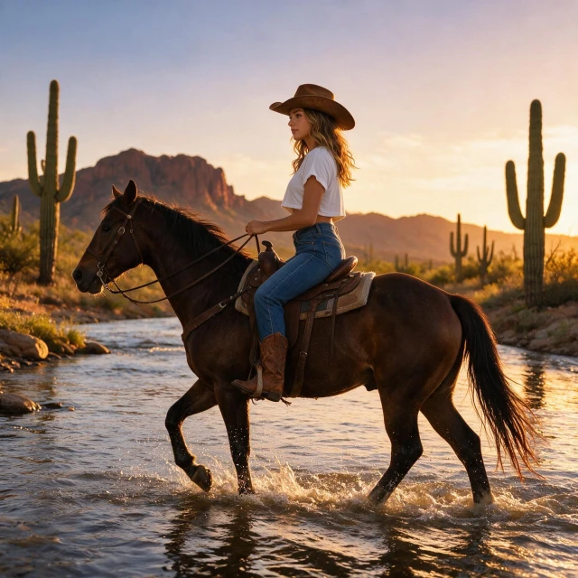 A girl wearing a white oversized cropped t-shirt and fitted blue denim jeans, riding a horse, crossing a roaring river in a Southwestern desert at sunset, golden hour, cowboy hat, cowboy boots, mountain background, cacti, western setting, side view, angle from the side.