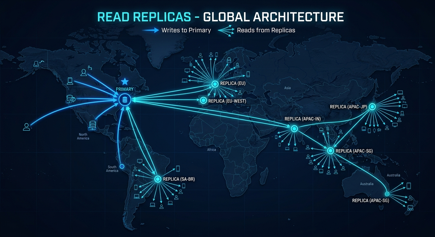 PostgreSQL read replica architecture diagram showing primary database writing to 50 replicas across global regions with user traffic routing