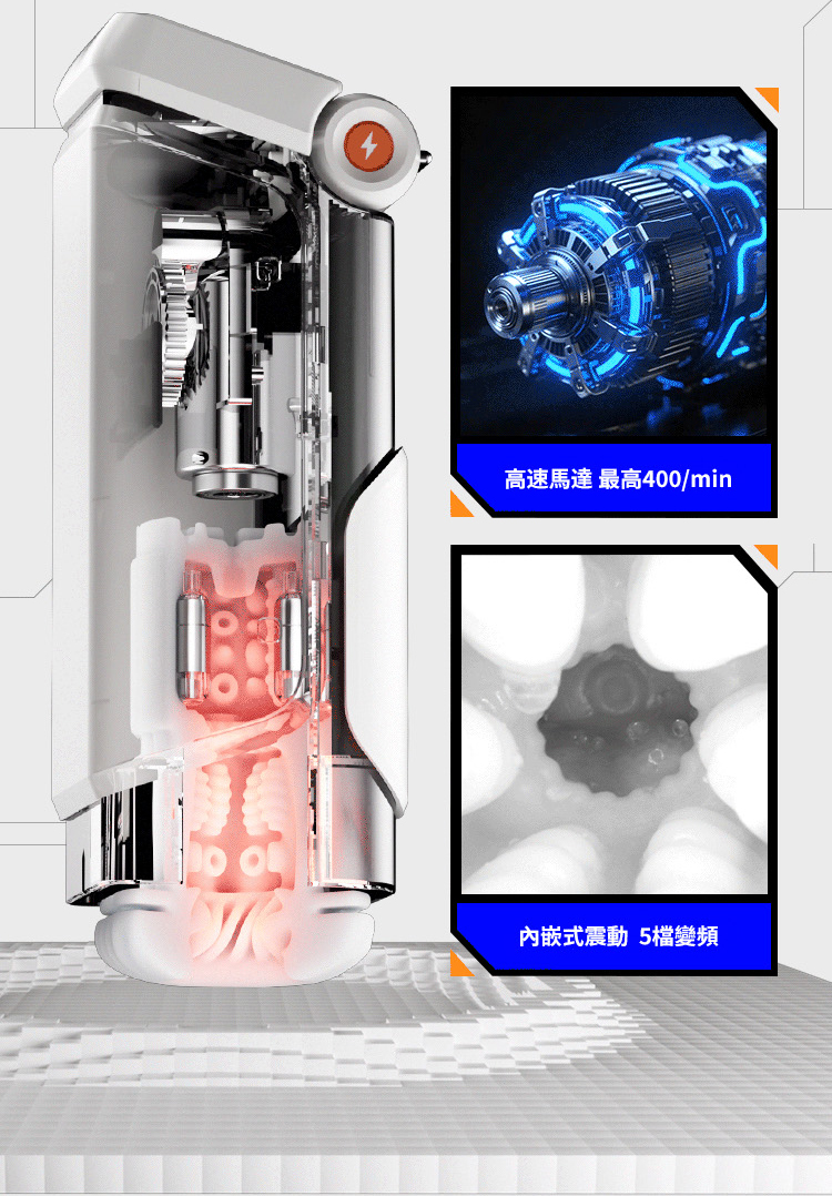 EasyLive NO8 智能電動飛機杯內部結構剖面圖，高速馬達最高400次/分鐘，內嵌式震動5檔變頻，男用自慰杯推薦