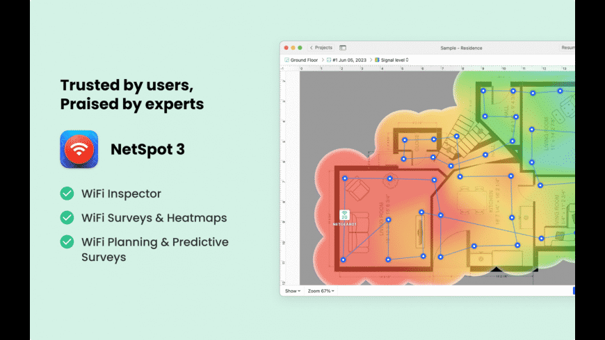 NetSpot Pro Mac — Wi-Fi heatmap showing signal coverage and access point placement