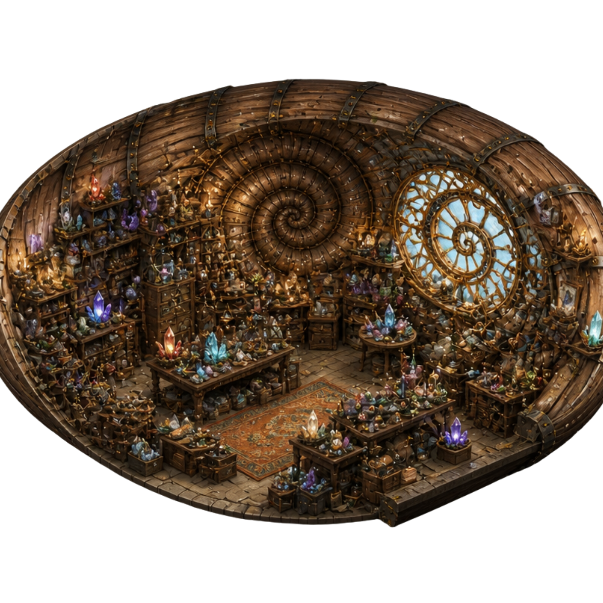 The Spill Nest mineral room inside a large shell-shaped chamber filled with crystals, shelves, tools, and warm lamps.