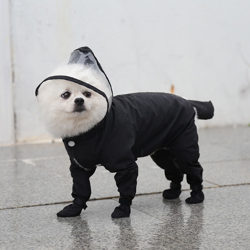 Black M size Full Coverage Pet Raincoat Jumpsuit Waterproof Dog Rain Suit with Attached Shoes and Tail Cover-Lightweight Hooded Dog Poncho for Small Dogs