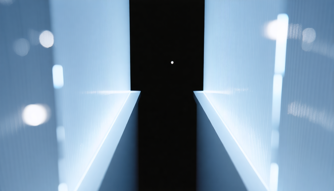 A dark gap between two illuminated surfaces, suggesting a synaptic cleft at enormous scale.
