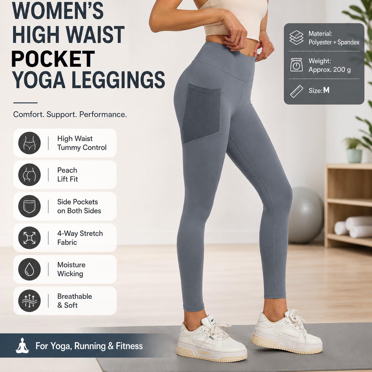Grey M Size Women's High Waist Yoga Leggings with Mesh Side Pockets - Squat Proof, Peach Hip Lift, Breathable Stretch Fabric for Gym Running 、Pilates Wea and Daily Wear