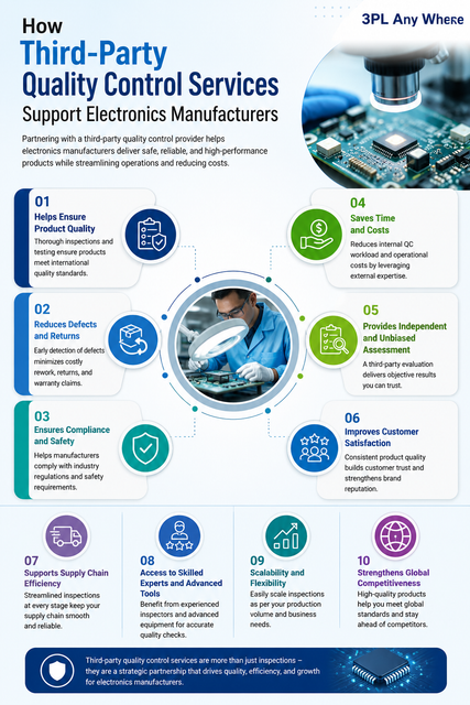 Third-party quality control services help electronics manufacturers maintain consistent product quality, safety, and reliability. Independent inspections and testing identify defects, verify specifications, and ensure products meet industry standards before shipment. These services reduce production risks, minimize costly recalls, and improve customer satisfaction. By partnering with experienced quality control professionals, electronics manufacturers can strengthen compliance, optimize production processes, and build a stronger reputation in competitive global markets. https://www.3planywhere.com/top-7-quality-control-methods-every-electronics-manufacturer-should-know/
