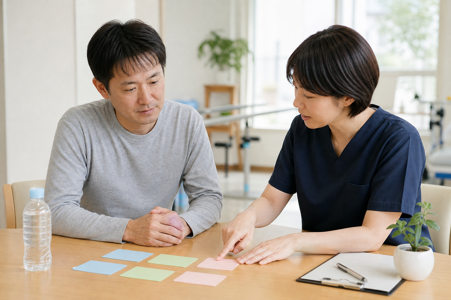 疲労に合わせて活動と休息の配分を相談する場面