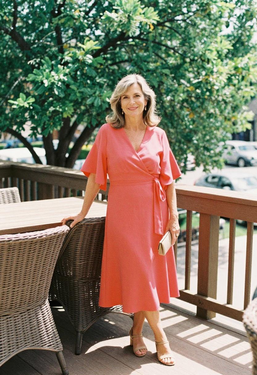 Coral wrap midi dress with flutter sleeves for outdoor spring bridal shower