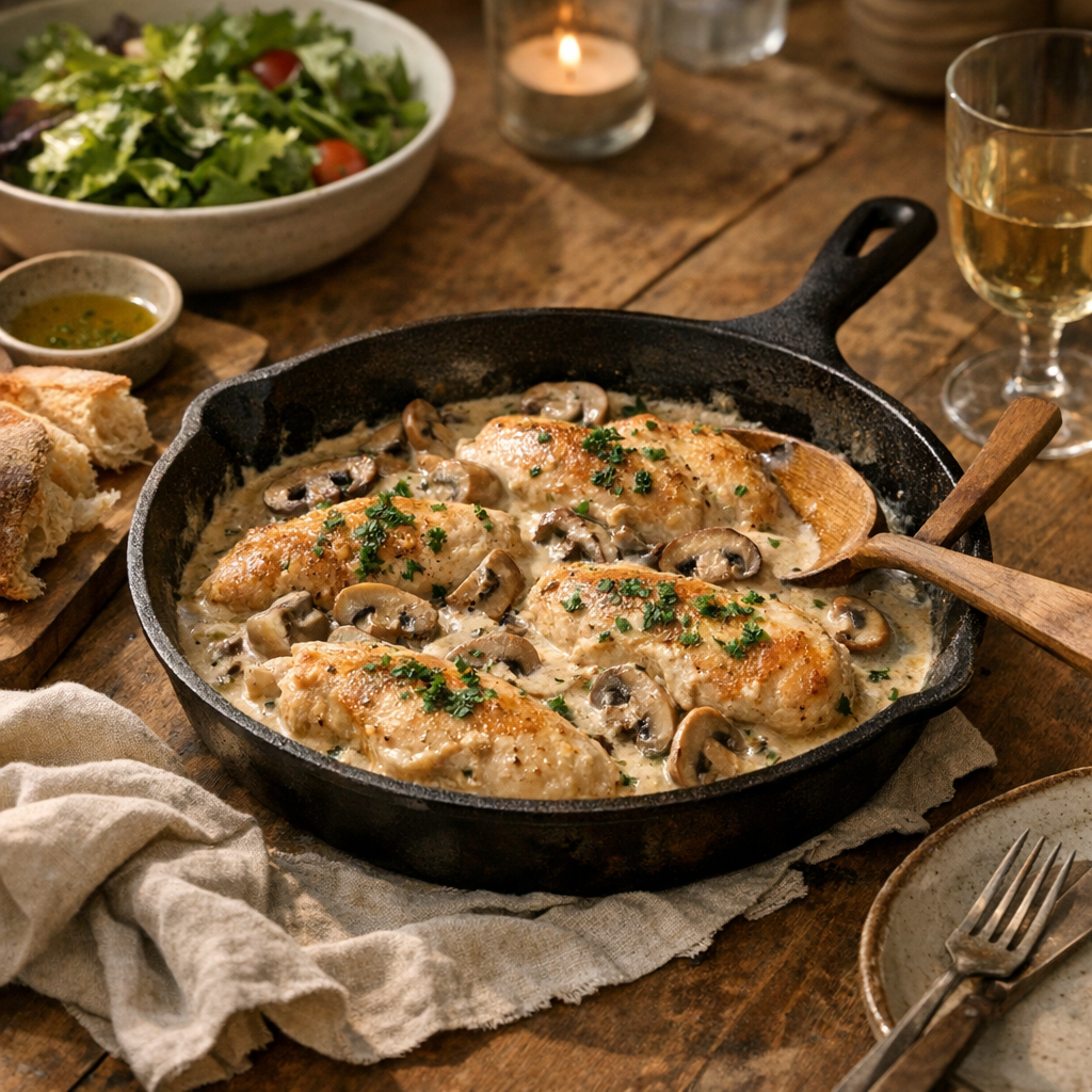Creamy Chicken and Mushroom Skillet (Easy Dinner) finished dish