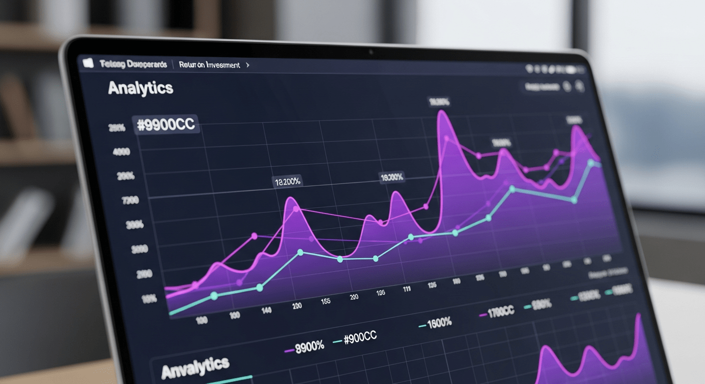 Close-up of a laptop screen in a modern office displaying upward trending analytics graphs with #9900CC purple data lines