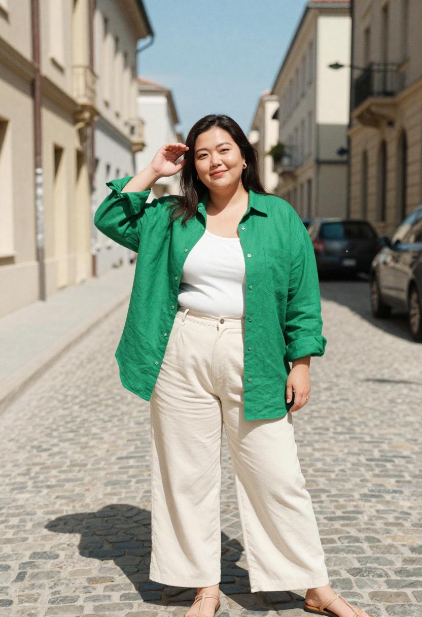 Emerald green linen plus size button-down open over white tank and wide-leg trousers, European vacation dressing