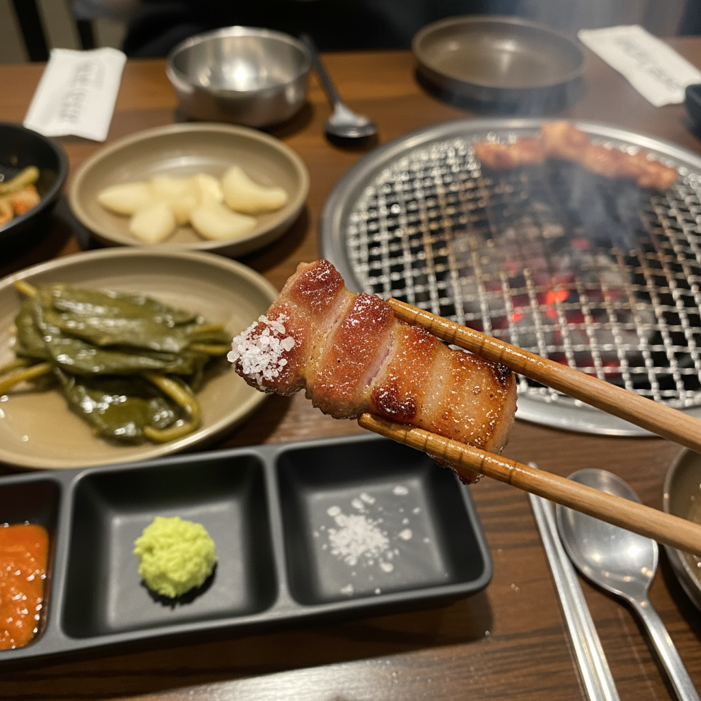 잘 익은 난축맛돈 한 점을 소금에 찍어 먹는 장면과 정갈한 반찬 상차림