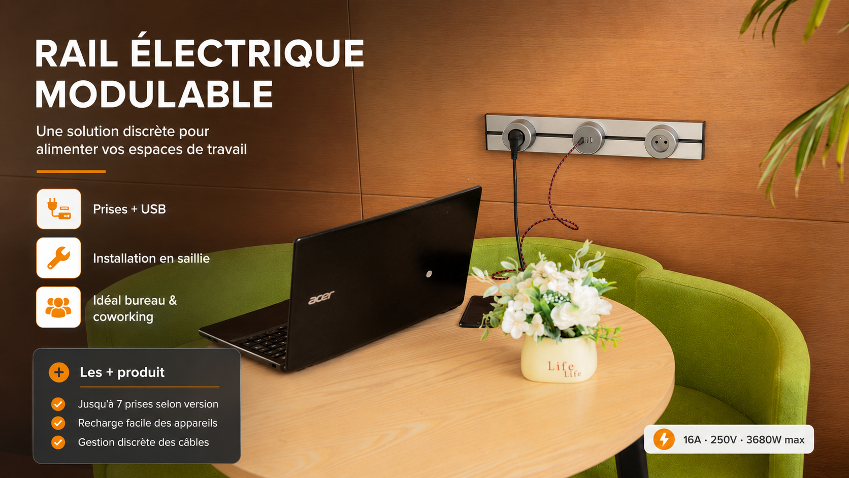 Rail électrique Orium installé dans un espace de travail avec ordinateur