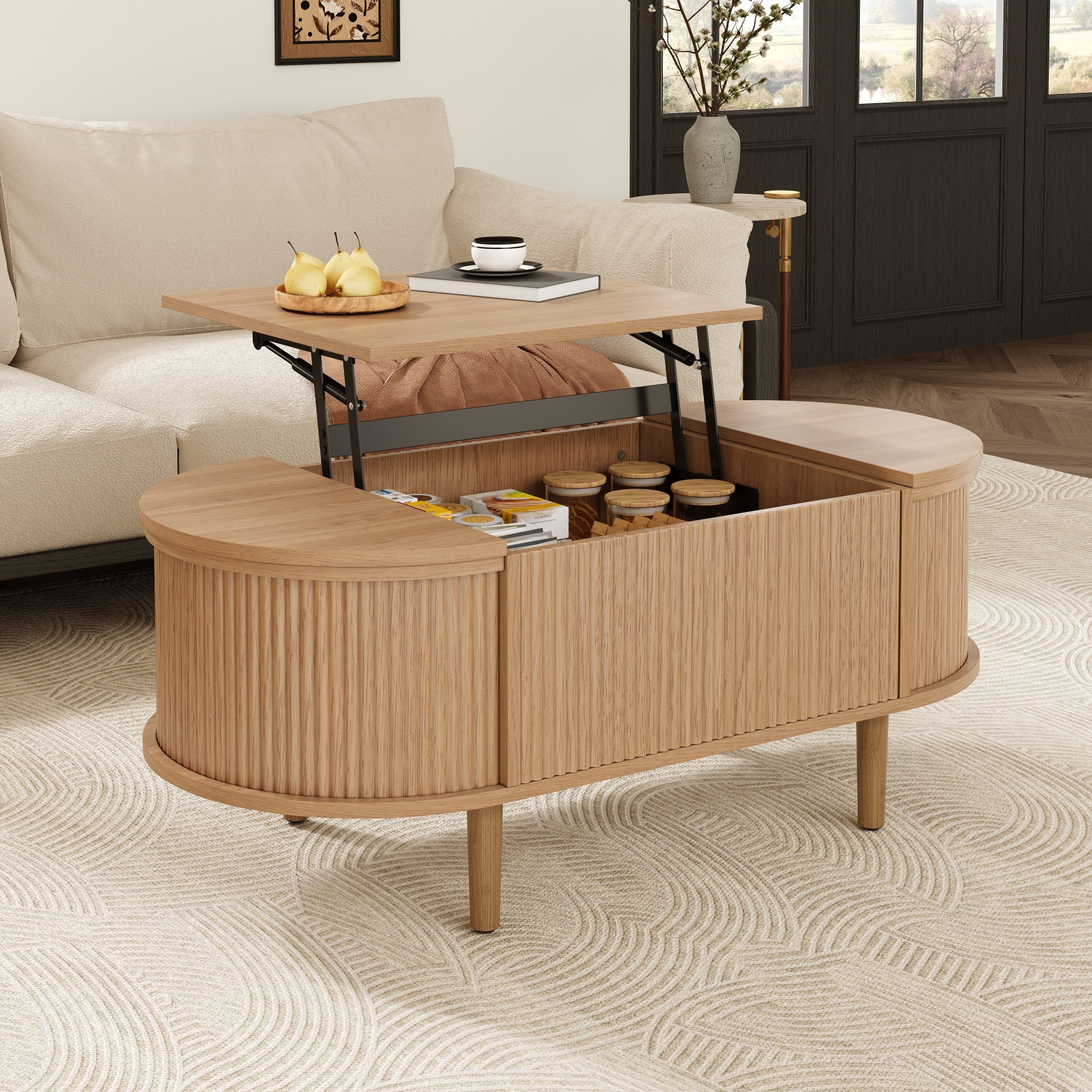 Table Basse Chêne, Rangement, Étagères Réglables, Plan Relevable, Design Moderne, Structure Robuste - Panneau composite de fibres de bois à densité et Bois - 100x48x53.5cm 5
