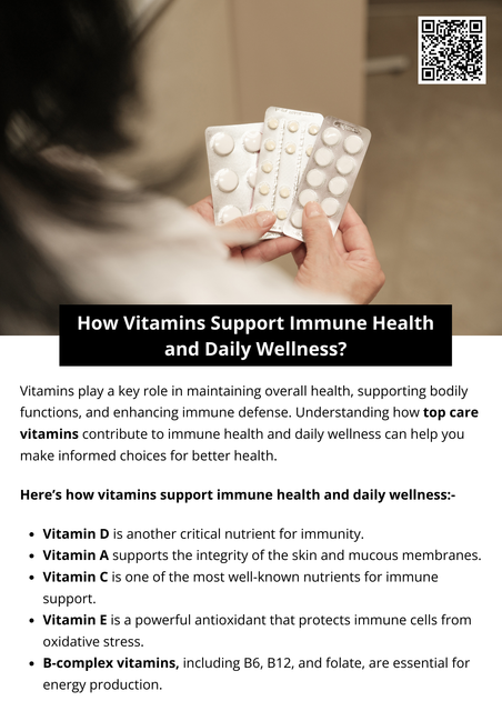 Essential vitamins help strengthen immunity, boost energy, and support everyday body functions. Nutrients like vitamin C, D, and zinc play key roles in defense, while B vitamins aid metabolism and vitality. Maintaining a balanced diet and choosing quality supplements such as Top Care vitamins can enhance overall wellness, helping you stay resilient, active, and healthy throughout the day. To know more visit here https://topcarebrand.com/vitamins-and-supplements/