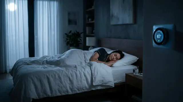 Person sleeping peacefully in cool blue-toned bedroom with smart thermostat on wall