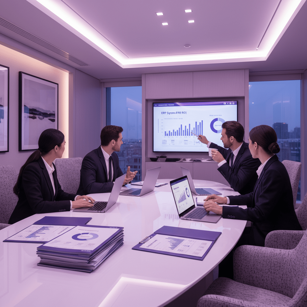Hotel team reviewing ERP ROI and performance reports