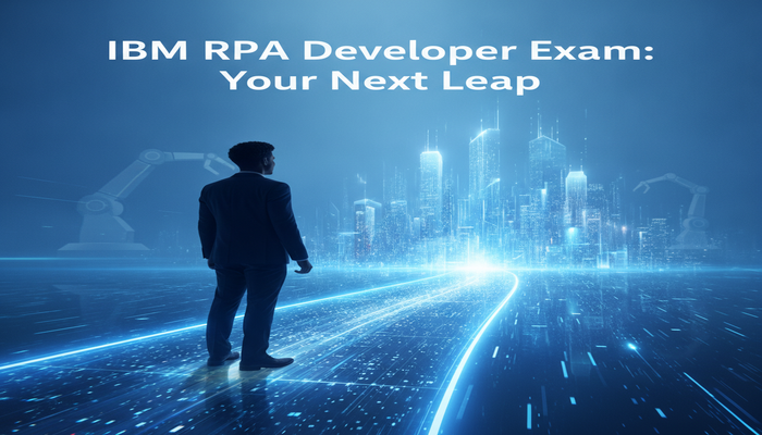 A confident professional stands on a glowing digital pathway leading to a futuristic city, symbolizing a career leap with the IBM RPA Developer C1000-123 exam. Abstract data flows and robotic elements signify automation expertise and future opportunities.