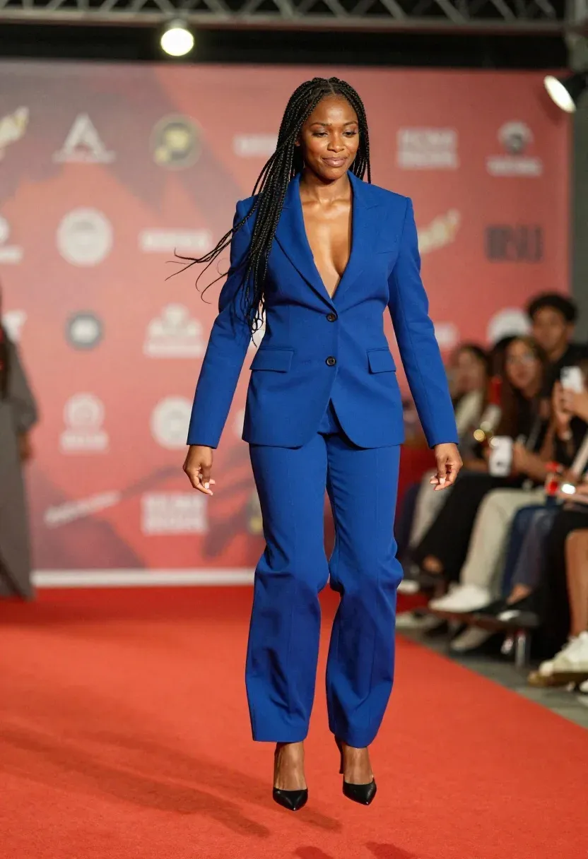 Black woman with box braids in a cobalt blue wide-leg tailored power suit making a bold statement