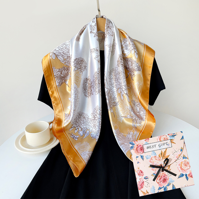 Yellow Gift Box Set Elegant 90x90cm Women's Square Scarf - Vintage Floral Print Satin Headscarf - Lightweight Polyester Silk Feel Shawl Wrap for Hair Neck Bag Accessory