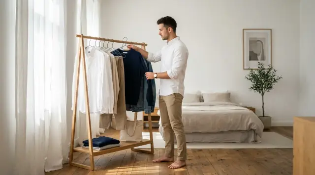 Stylish man selecting outfit from minimal capsule wardrobe in sunlit bedroom, relaxed confidence