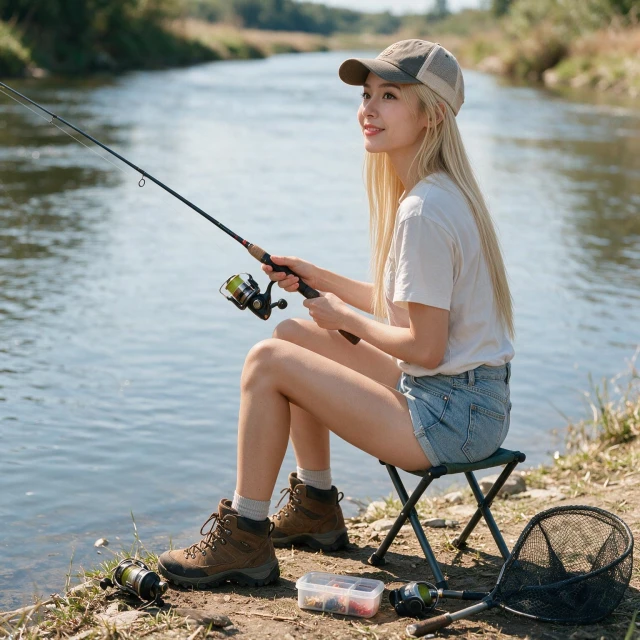 wearing a t-shirt and denim shorts, brown hiking boots, and a cap, sitting on a fishing stool, smiling, facing a river, holding a fishing pole in her hands, with fishing equipment on the ground, full body view, full body image.